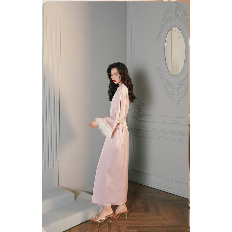 Модная женская пижама из сатина с длинными рукавами, отделкой из перьев и материалом Ice Silk