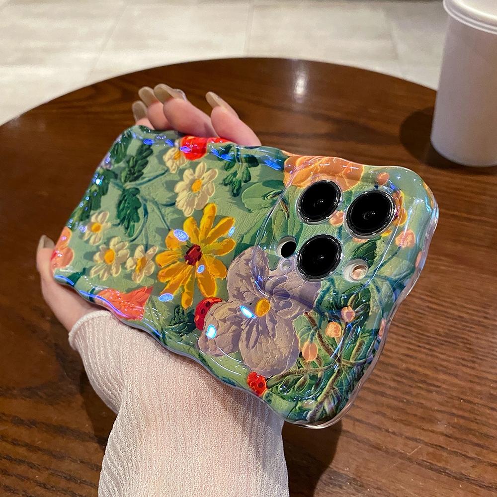 For Iphone 15 Pro Max Oil Painting Flowers Phone Case For iPhone 12 13 14 Pro Max 12promax 15pro 13promax Soft IMD Shockproof Bumper Wavy Frame Cover