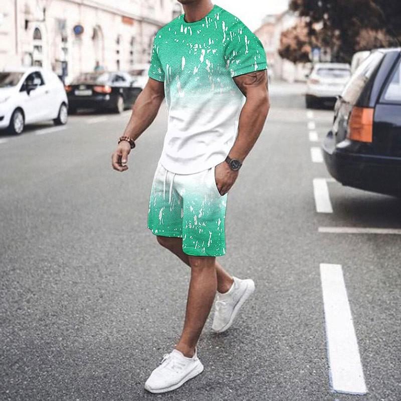 Летний Повседневный Мужской Взрослый Комплект с 3D Принтом Мужская Футболка с Коротким Рукавом Комплект Градиентные Крутые Повседневные Спортивные Шорты Двухпредметный