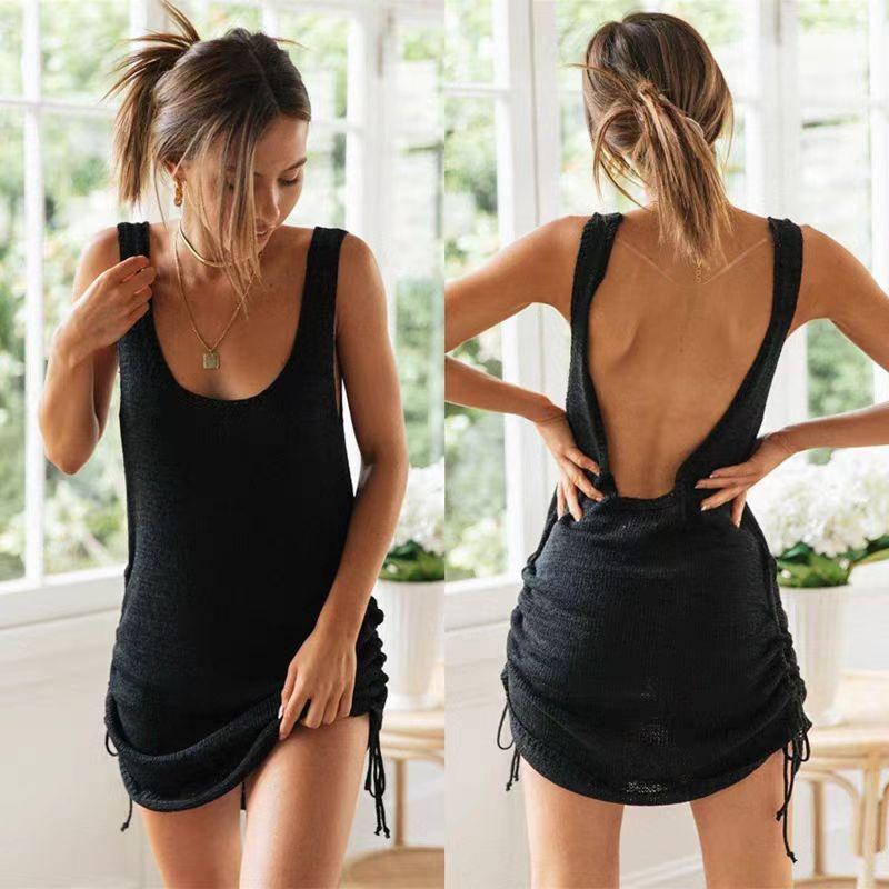 Модное сексуальное вязаное короткое платье без рукавов с открытой спиной и кулиской, элегантное повседневное праздничное пляжное платье на бретелях, свободный женский тонкий сарафан