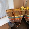 One Shoulder Straw Woven Bag New Rainbow Striped Straw Woven Bag Vacation Beach Bag Versatile Women's Bag