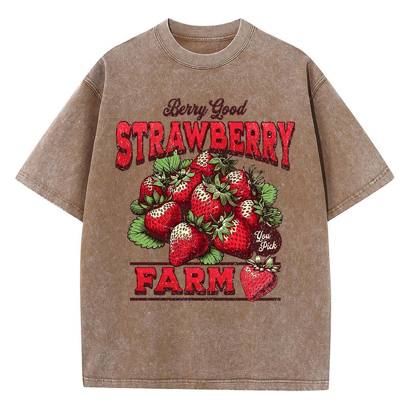 Cotton Womans Acid Wash TShirts Strawberry Farm Retro Prints Tees Comfortable Crewneck Oversized Tops Fashion Female Clothes