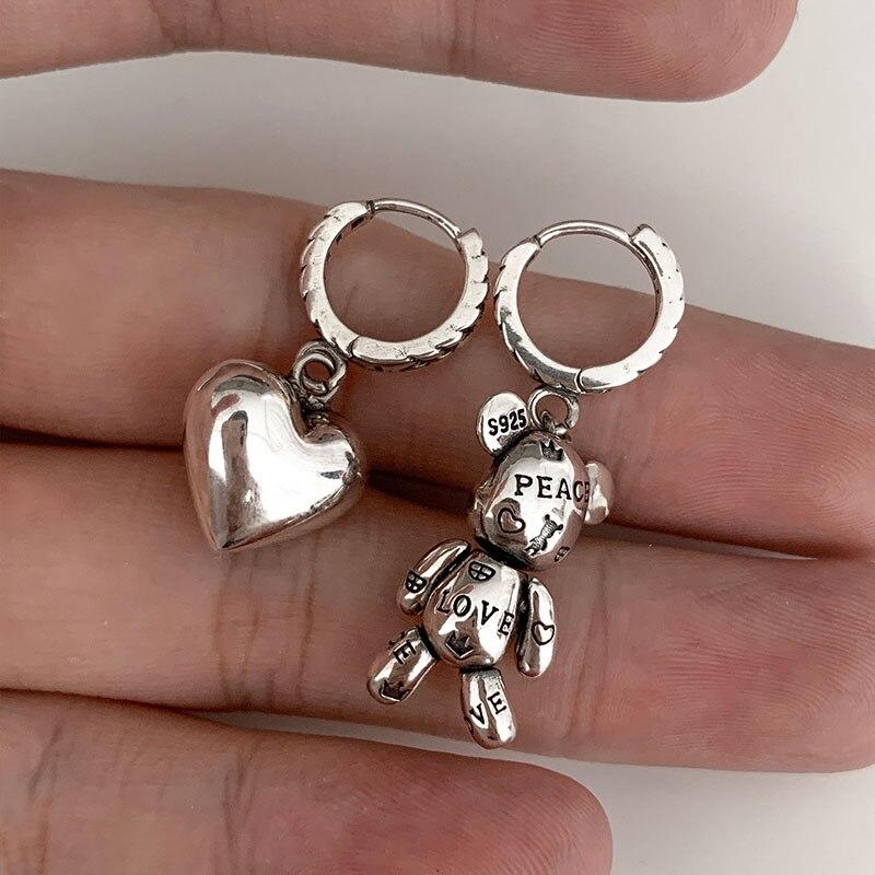 925 Sterling Silver Hoop Earrings Vintage Accessories Bear LOVE Heart Asymmetric Party Jewelry Gift Brincos Eh683