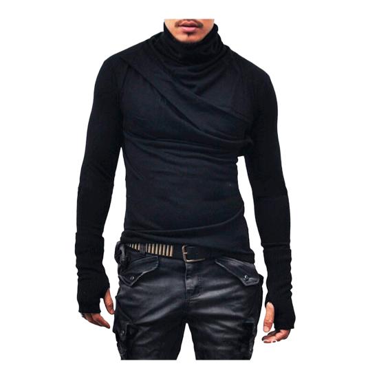 Spring Autumn Men Top Neck Protection High Collar Slim Fit Stretchy Pleated Long Sleeves Pullover