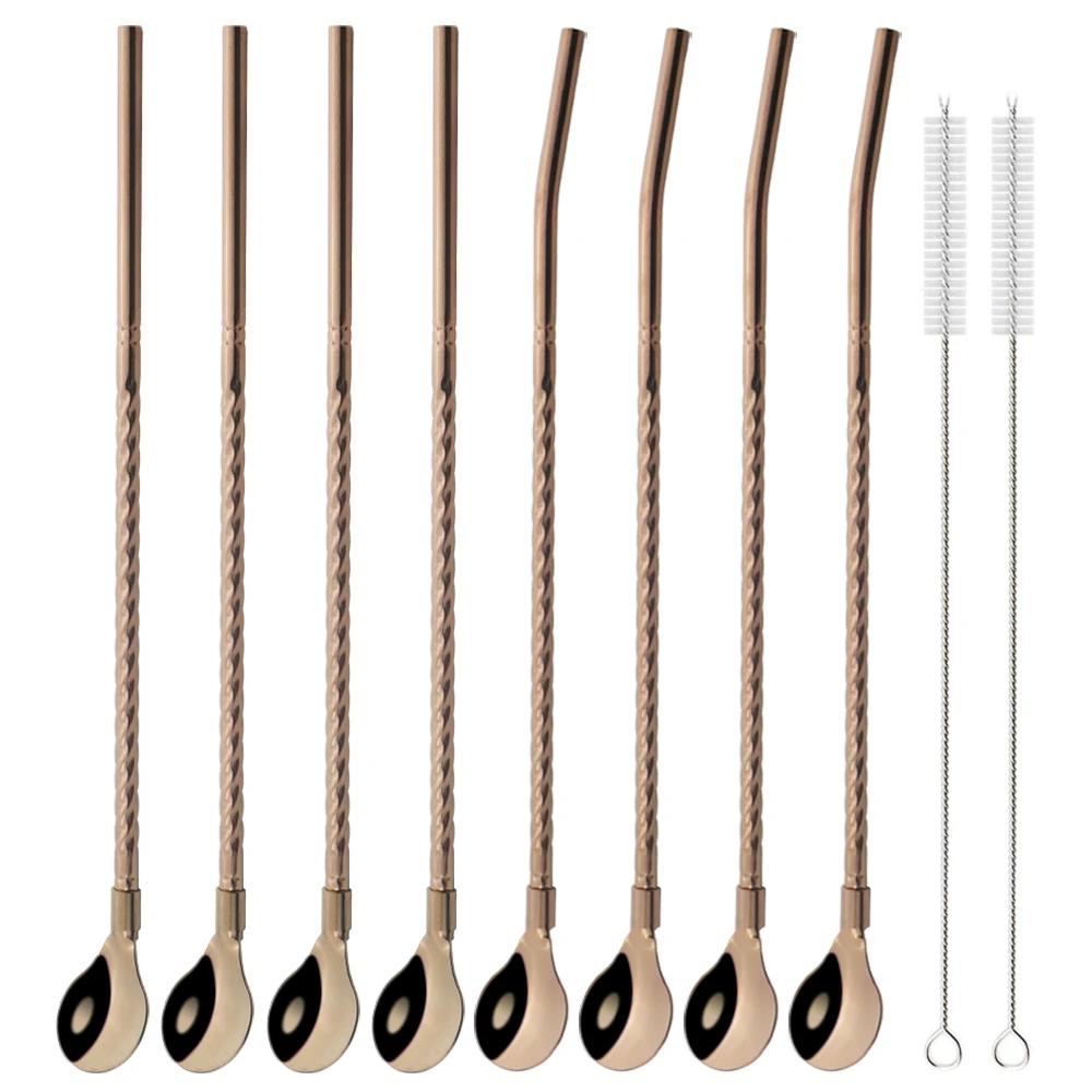 10 шт. многоразовая ложка-соломинка из нержавеющей стали, цветная металлическая соломинка, коктейльная ложка-соломинка, аксессуар для помешивания кофе в молочном баре