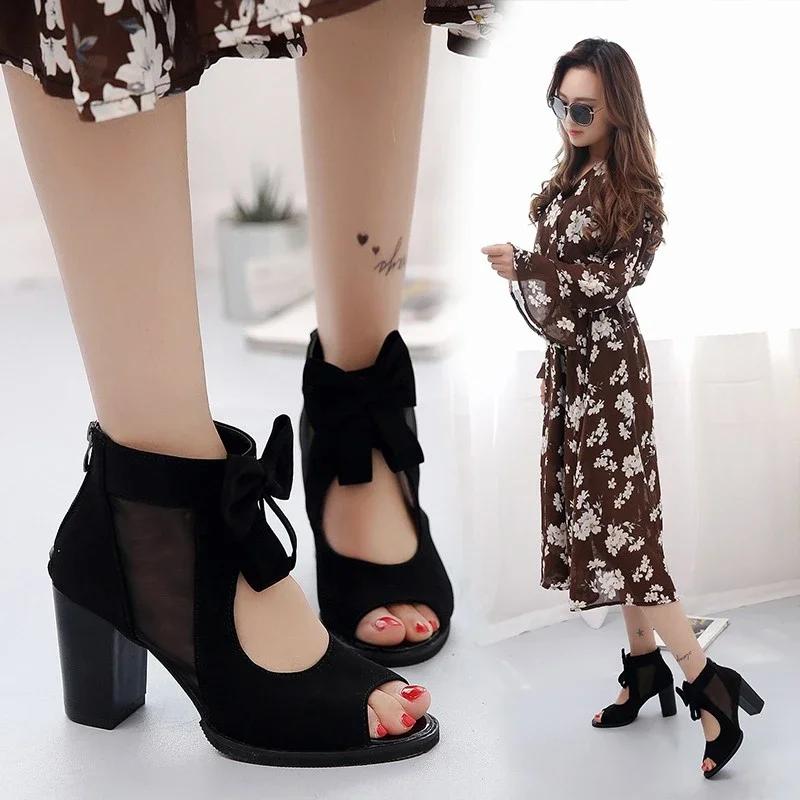 2024 New Women's High Heels Summer Elegant Bow Mesh Sandals Back Zipper Fish Mouth Party Sandals Fashion Women's Shoes