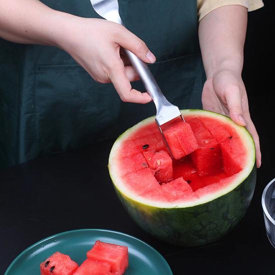 Stainless Steel Fruit Fork Cutter Watermelon Dual Slicer Tool with 2-In-1 Head Fork Lightweight