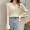 Женский осенне-зимний пуловер с длинным рукавом, V-образным вырезом, облегающего кроя, базовый однотонный, трикотажная футболка-топ для многослойности