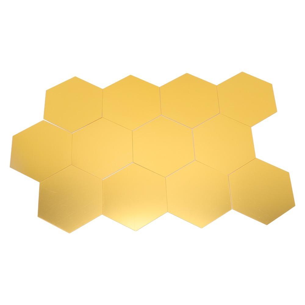 12pcs Acrylic Hexagon Mirror Wall Sticker Golden Hexagon Double-sided Tape Wall Decor Self-adhesive 2.95*5.12*5.91in