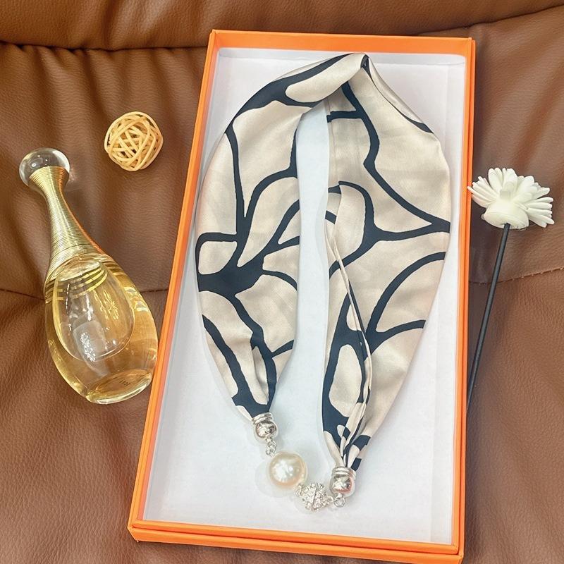 Silk Scarf Women's Spring, Autumn and Summer New Fashion Neck Protection Decoration Long Necklace Type Magnetic Buckle Scarf Small Scarf