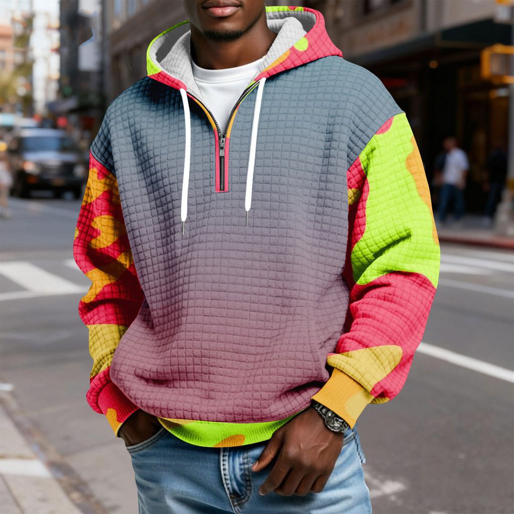 Мужской худи-пуловер в клетку с капюшоном на молнии до середины, со шнурком и принтом, повседневная спортивная толстовка