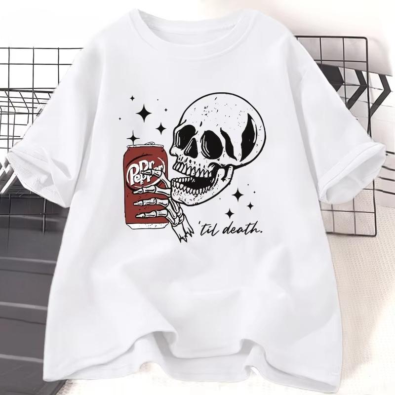 Till Death T-shirt Skeleton Halloween Tshirt Cute Dr Pepper T Shirt Skeleton Drinking Graphic T Shirts Cotton Short Sleeve Tees