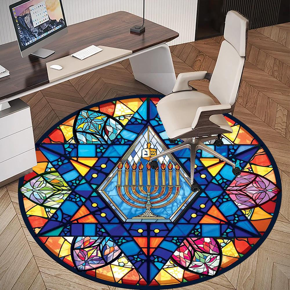 1pc Stained Glass Menorah Pattern Office Round Rugs, Under Chair Round Rugs for Living Room, Bedroom, Bathroom Decoration Carpet 091805