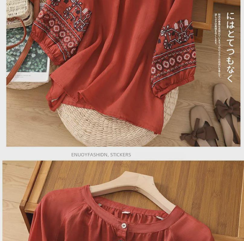 Женская рубашка в стиле ретро из хлопка и льна с вышитыми рукавами-фонариками (Весна/Лето 2024)