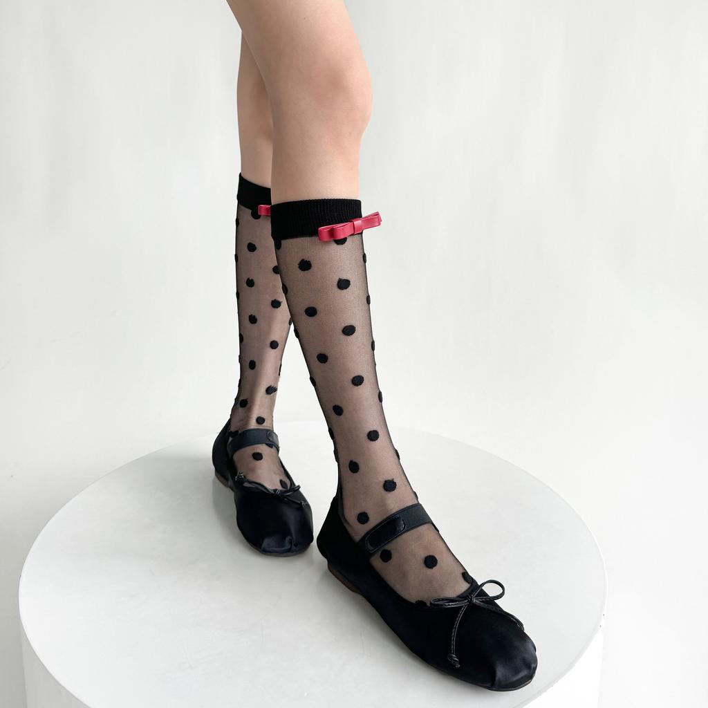 Black White Nylon Long Socks Stockings Women Ultra-thin Transparent Polka Dot Crystal Silk Socks Cute Bow Sweet Girls Knee Socks