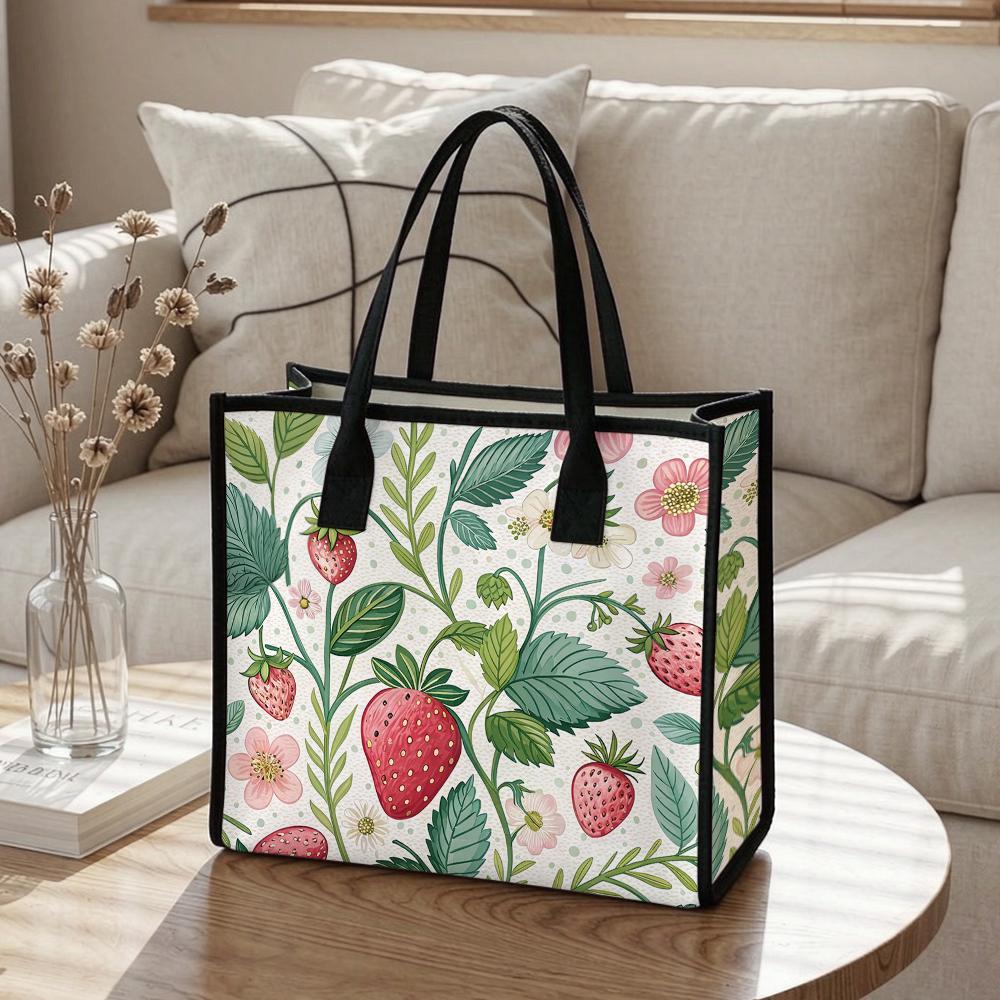 Cute Strawberry Floral Print Tote Bag Casual Large Capacity Shopping Carry Bag for Daily Use