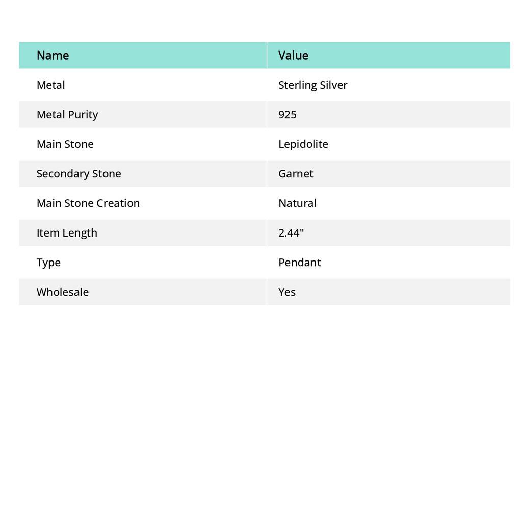 Лепидолит, Гранат Ручная работа 925 Стерлинговое серебро Подарочный кулон 2,44" P4O96