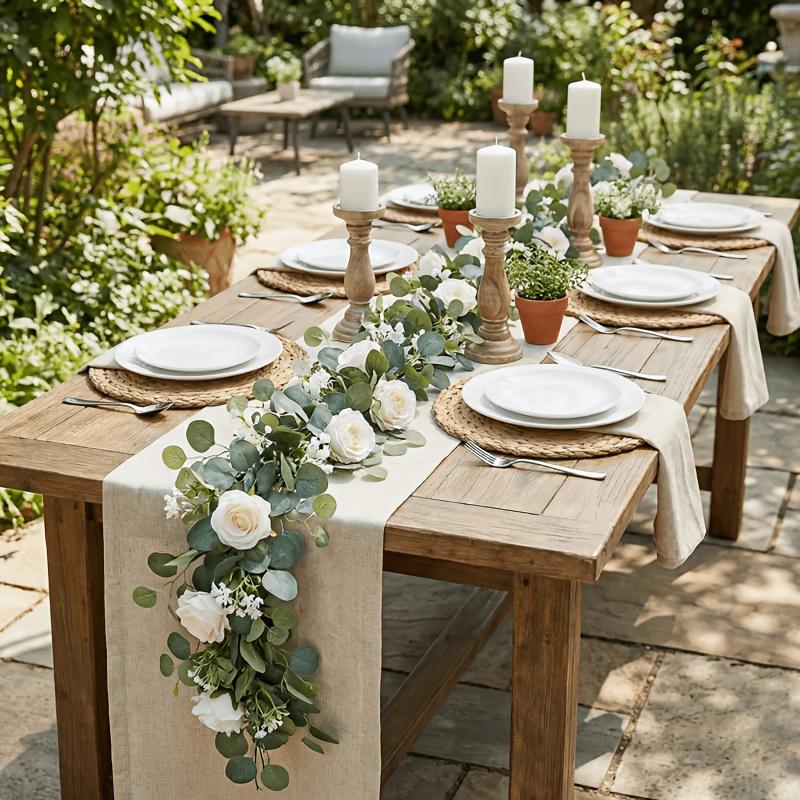 Artificial Eucalyptus Wreath with White Roses, Realistic Faux Flower Vine, Suitable for Wedding Arch Backdrops, Table Centerpieces