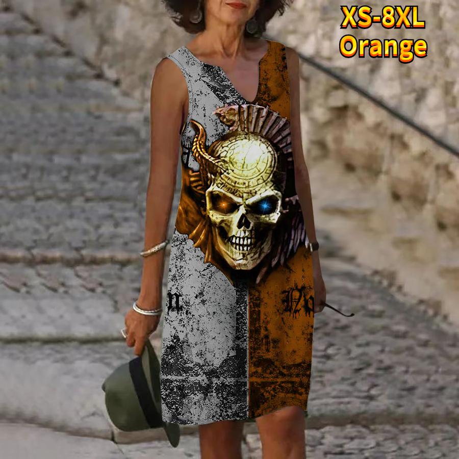 Женское летнее черно-серое платье с v-образным вырезом и принтом головы черепа, повседневное модное платье без рукавов, повседневные свободные сексуальные платья размера плюс XS-8XL