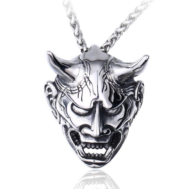 Retro Japanese Prajina Ghost Mask Pendant Necklace For Men Fashion Stainless Steel Biker Necklace Punk Hip Hop Gothic Jewelry