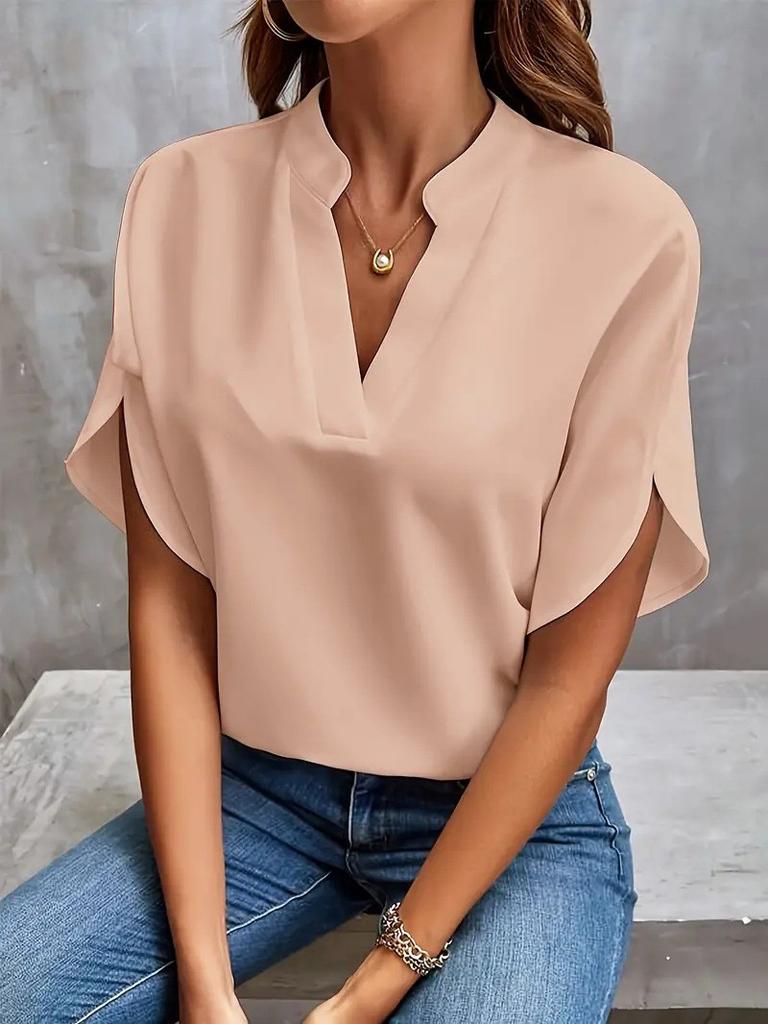 Spring And Summer V-neck Solid Color Casual Versatile Short-sleeved Pullover Shirt