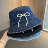 Джинсовая шляпа-ведро для женщин, весна-лето, симпатичная шляпа с жемчужным бантом, показывающая маленькое лицо, солнцезащитная шляпа для улицы
