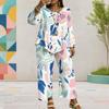Women Plus Size Round Neck Long Sleeve Printed Layered Top Wide Leg Cropped Pants Two Piece Set