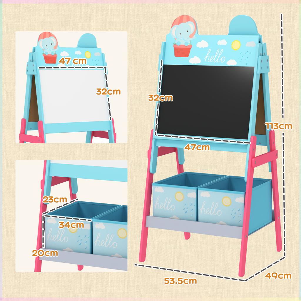 Double-Sided Children's Blackboard with 2 Fabric Boxes Painting Easel for Children with Animal Print Blue