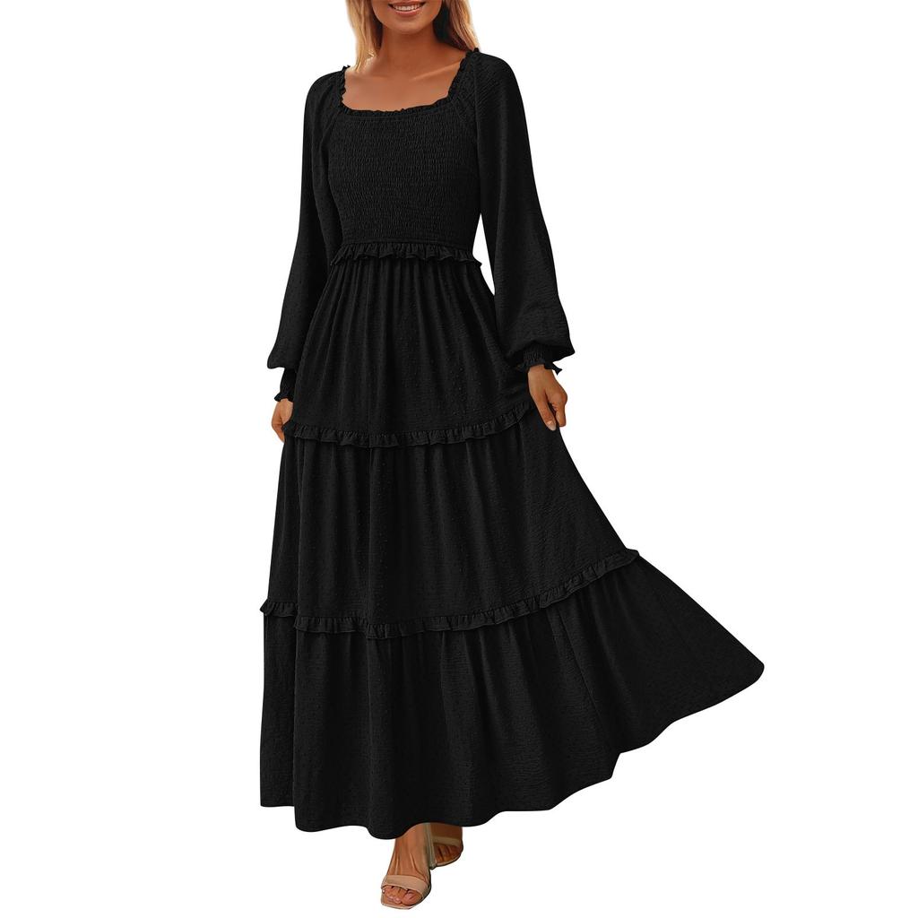 Женские повседневные платья с квадратным вырезом в горошек, многослойные, с длинным рукавом и усадочными карманами