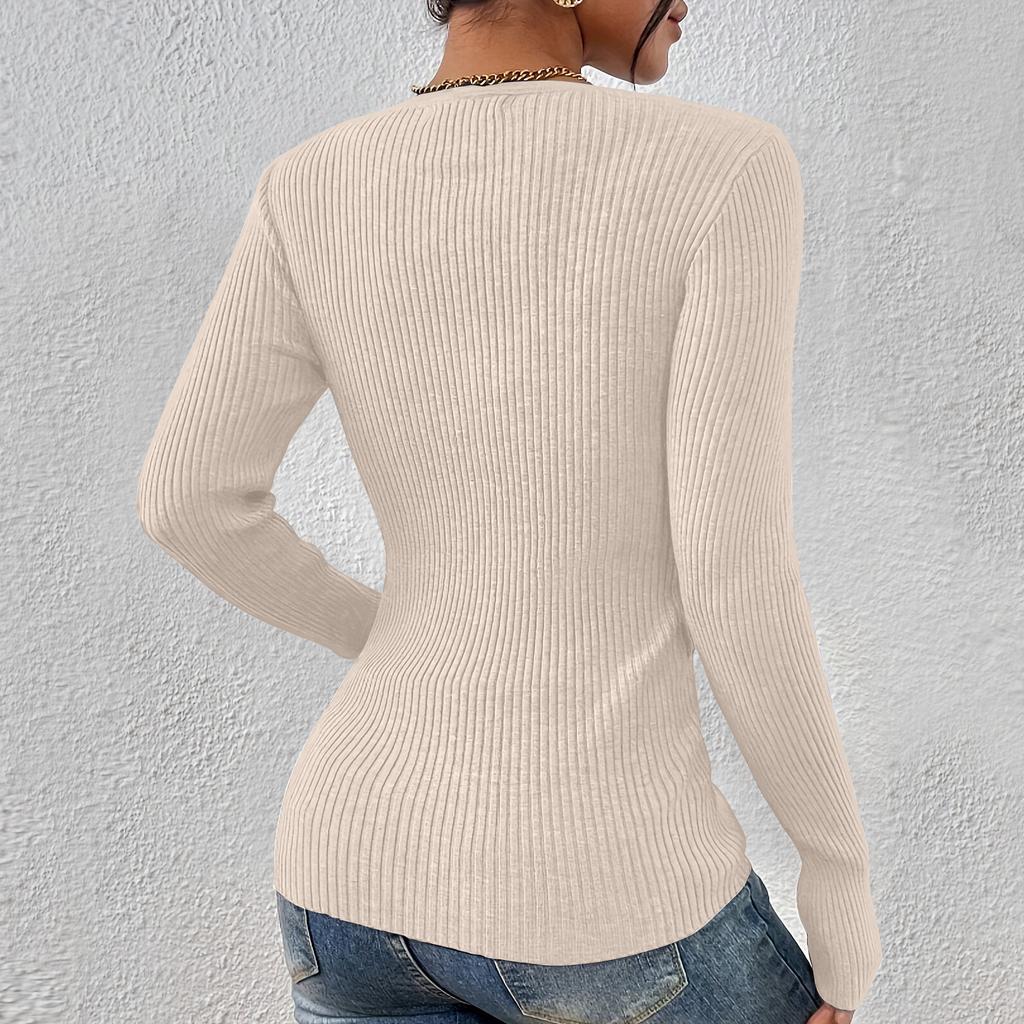 Women's Solid Color Button Knit Pullover V-neck Slim Fit Long Sleeved T-shirt Top