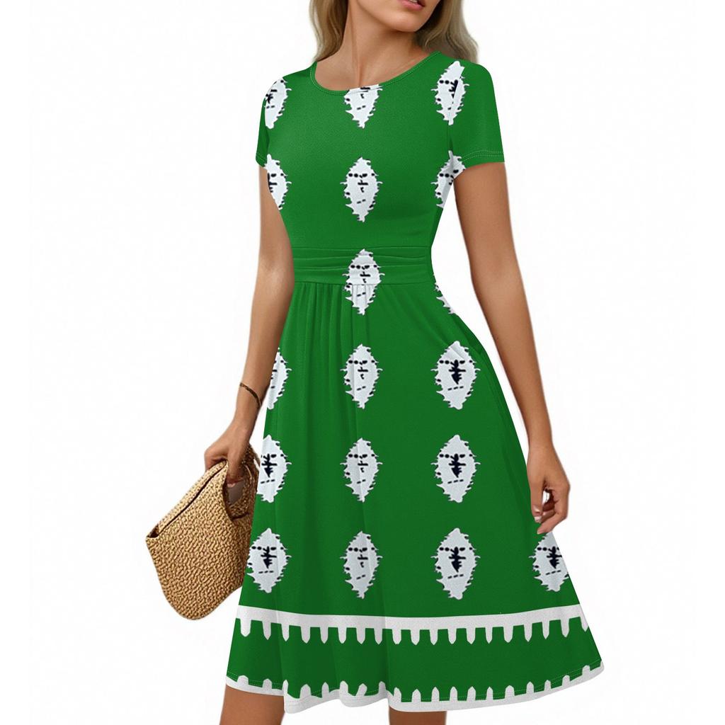 Женское повседневное модное платье миди А-силуэта с круглым вырезом, плиссированными короткими рукавами и богемным стилем