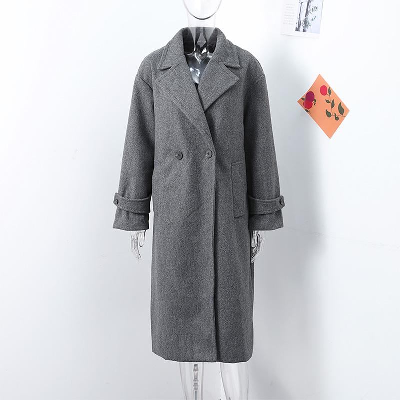 Женская мода шерстяная смесь теплое длинное пальто осень-зима свободный карман двубортный пиджак элегантное пальто с лацканами