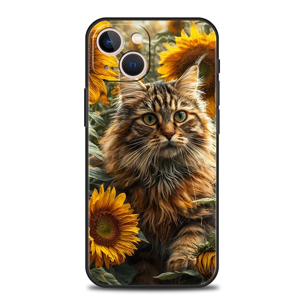Роскошный мягкий чехол из ТПУ для iPhone 17 Air 16E 16 11 15 14 Pro MAX 12 13 7 8 Plus X XR XS SE 2022 Чехол с изображением цветов и кошки