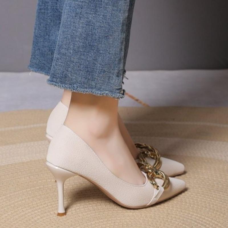 Fashion New Thin Heel Shoes Women's Fashion Pointed Head Shallow Mouth Metal Chain Set Foot Anti-slip Wear-resistant High Heels