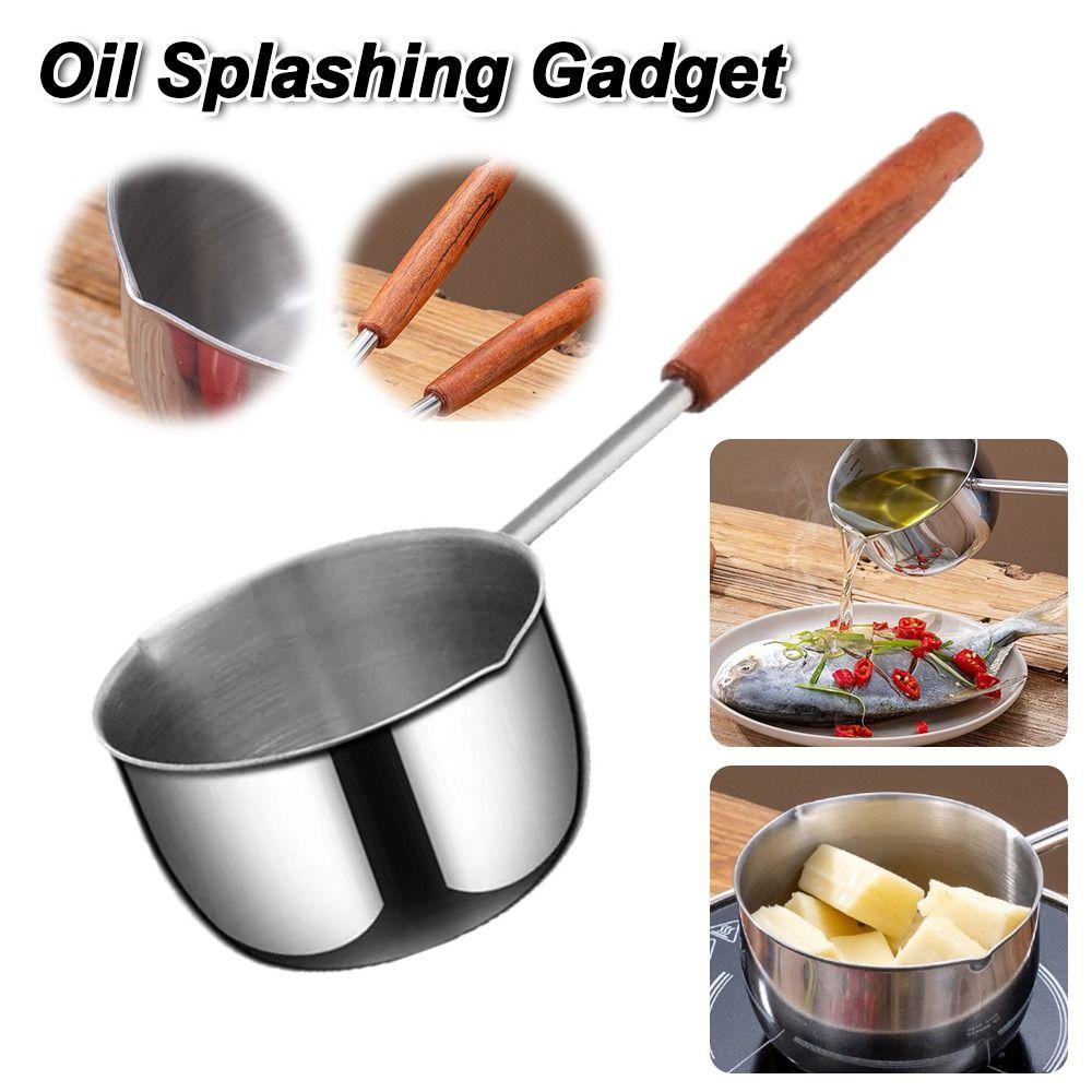 Wooden Handle Milk Pan Long-handled Oil Splashing Gadget for Preventing Hot Oil From Scorching