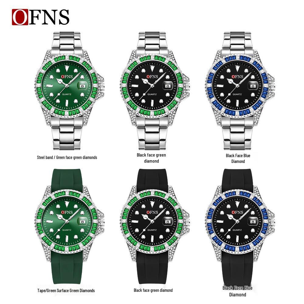 Мужские часы OFNS Green Water Ghost Quartz с бриллиантовыми акцентами, черным циферблатом, календарем и водонепроницаемым стальным браслетом.