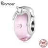 BAMOER Стерлингового Серебра 925 Розовые Стеклянные Бусины Серебряный Кот Подвески Цирконий для Женщин Оригинальный Браслет Изящных Ювелирных Изделий