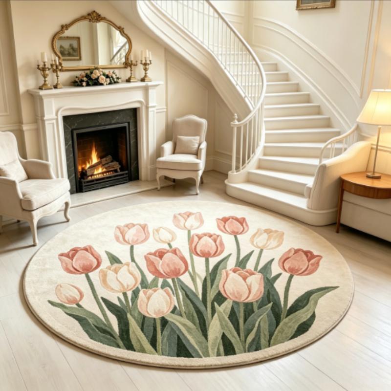 French Style Bedroom Decor Round Carpet Fluffy Soft Carpets for Living Room Thicken Plush Lounge Mat Flower Pattern Washable Rug