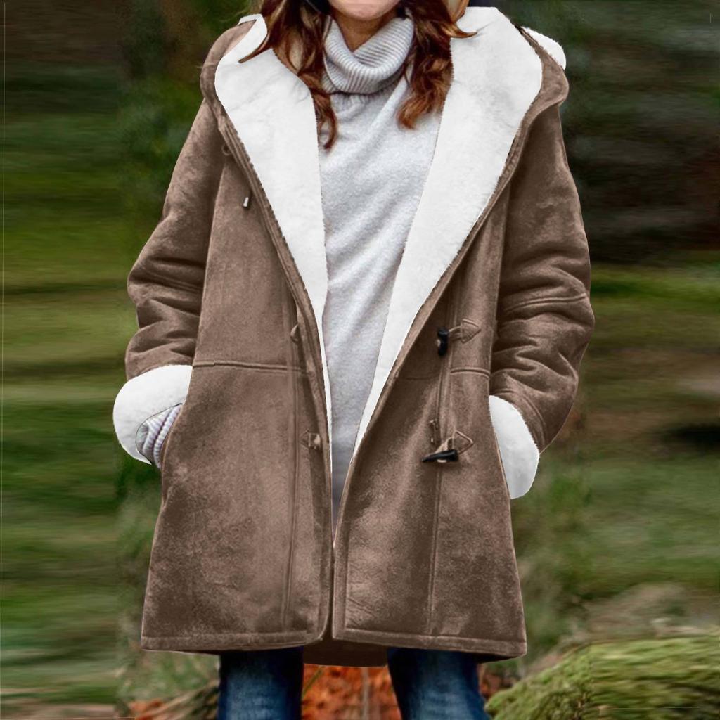 Women's Winter Coat Fleece Lined Jacket Long Sleeve Horn Button Plush Warm Coat