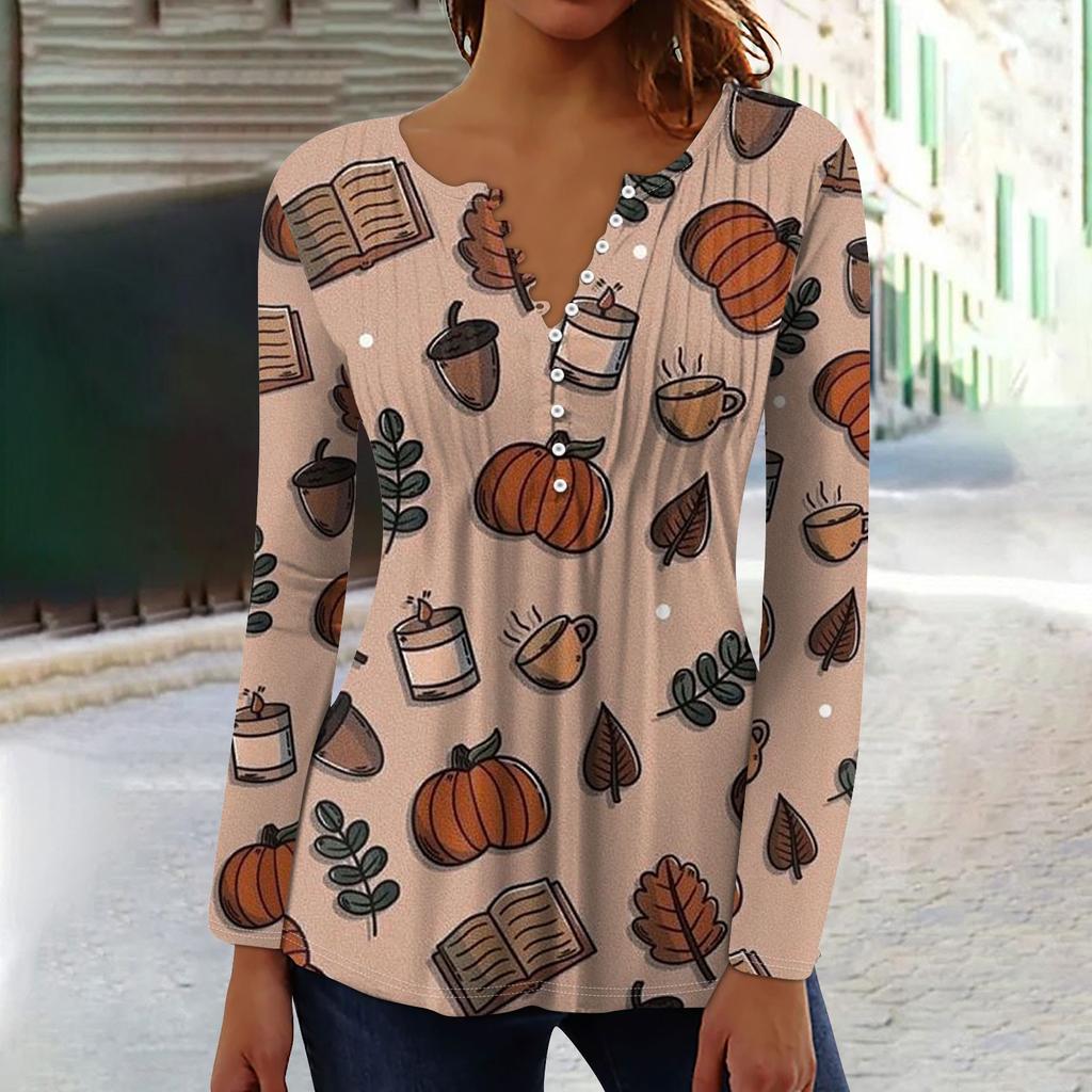 Женский топ с длинными рукавами и плиссированным воротником на пуговицах с принтом Хэллоуина, весна-осень