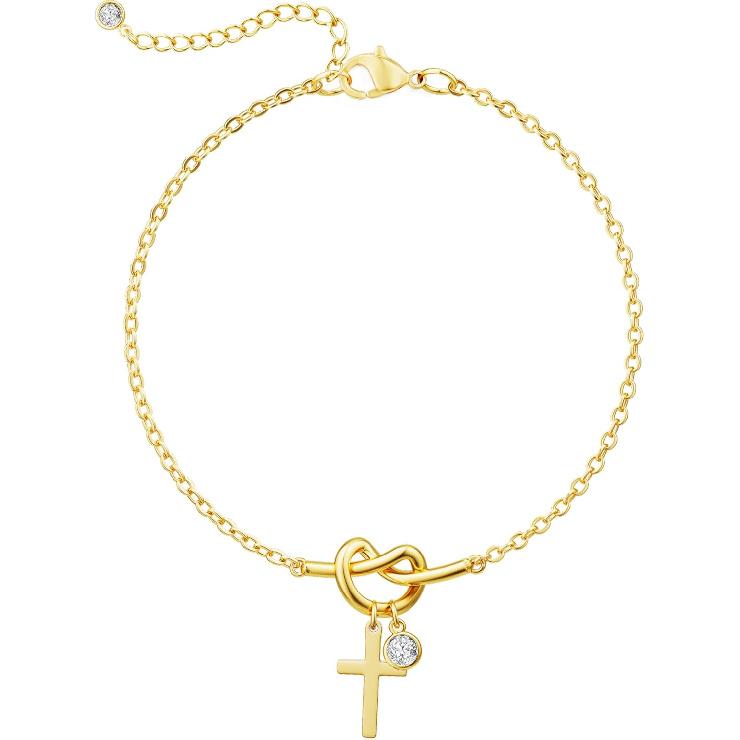 Moodear Cross Bracelet for Women, Dainty Sterling Silver/Gold Plated Gift | Christian Religious Gifts for Teen, Stocking Stuffers, Adjustable Link
