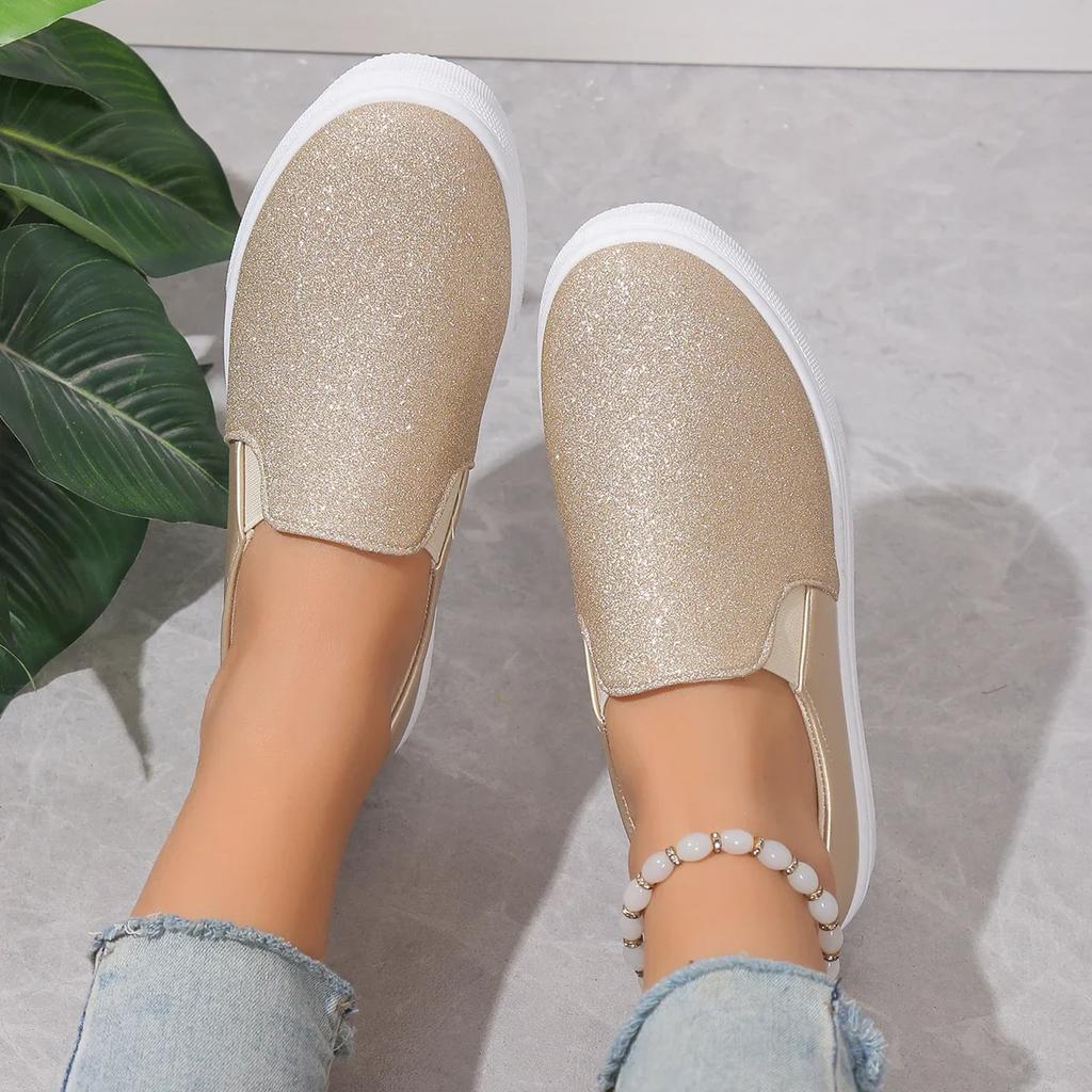 Shiny Gold Sequins Loafers for Women's Pu Leather Slip-On Platform Sneakers Woman 2025 Autumn Non-Slip Flats Casual Shoes Ladies