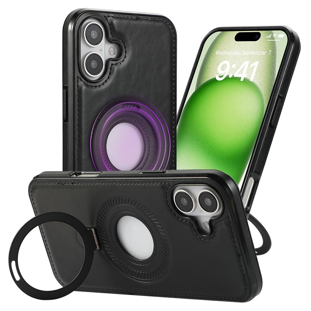 For iPhone 16 Case Magnetic Kickstand PU Leather Coated PC+TPU Phone Cover