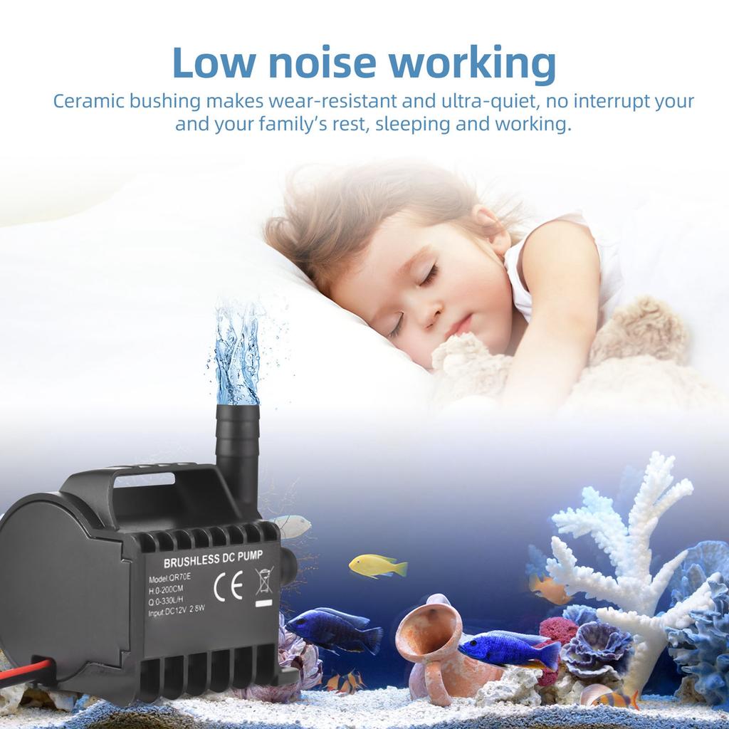Погружной 12В Водяной насос Электрический 500л/ч Маленький фонтанный насос с максимальной высотой подъема 4,9 фута, проводом 1,6 фута и основанием на присосках,