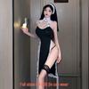 Plus Size Erotic Nun Cosplay Lingerie Set with High Slit Lace Detail