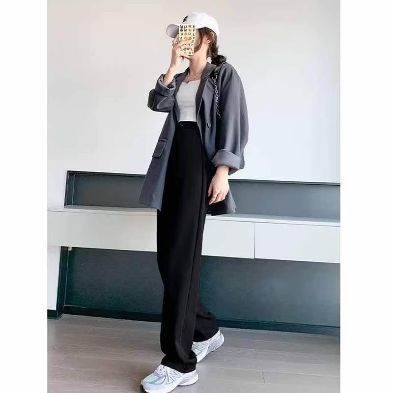 Весна 2024 г., женские брюки высокого класса, черные, широкие, с высокой талией, длиной до пола, повседневная драпировка