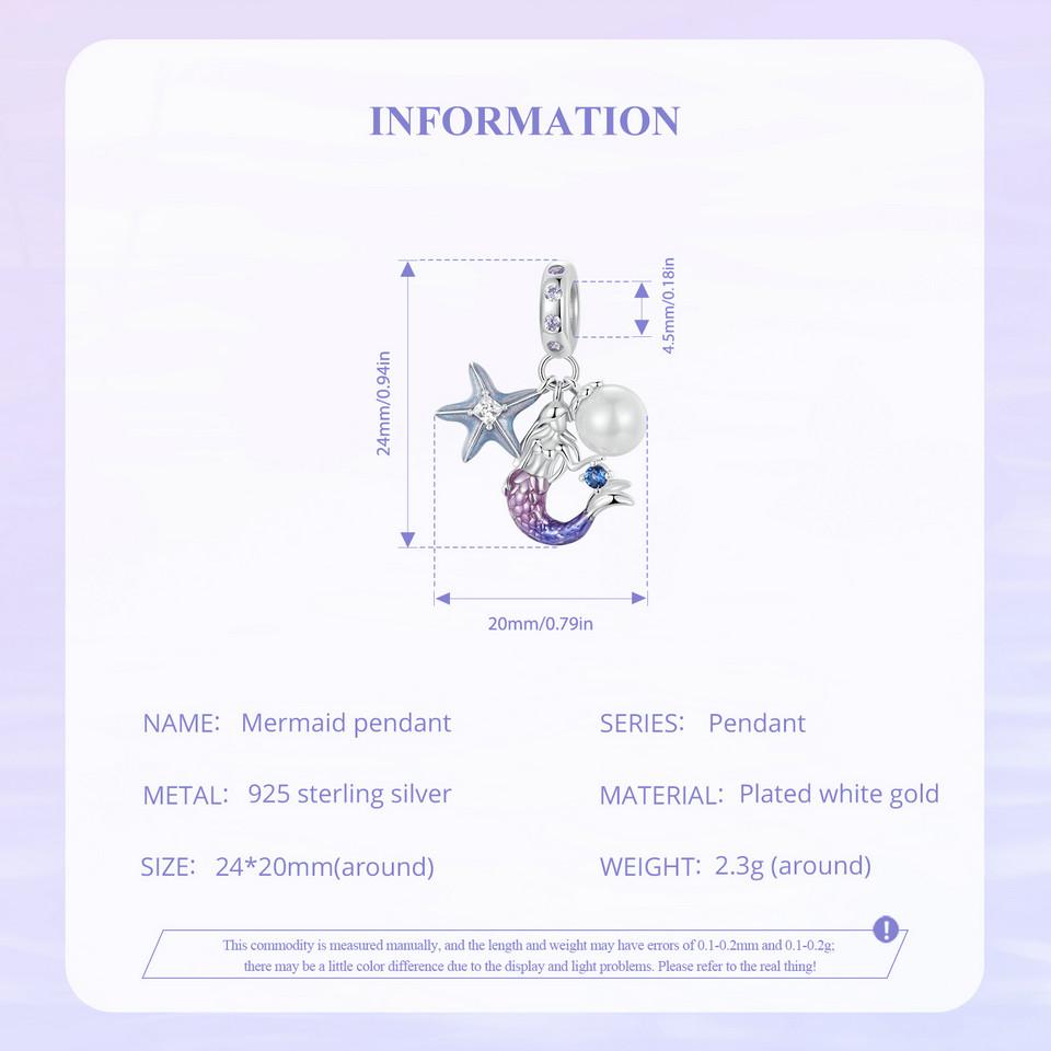 BAMOER Dainty 925 Sterling Silver Dreamy Mermaid Charm Fish Tail Silicone Spacer Bead Charm for Women Fit Original Bracelet