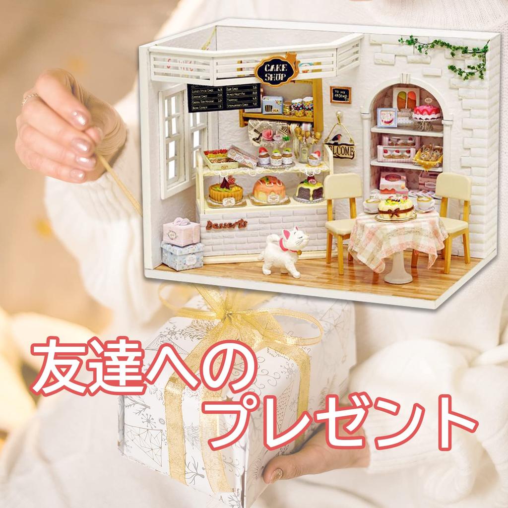 Socpuro Dollhouse DIY Kit Set for Miniature House with LED Gorgeous Wooden Christmas Cute Handmade Small DIY Kit "Cat Cafe" Beginners, Lights,