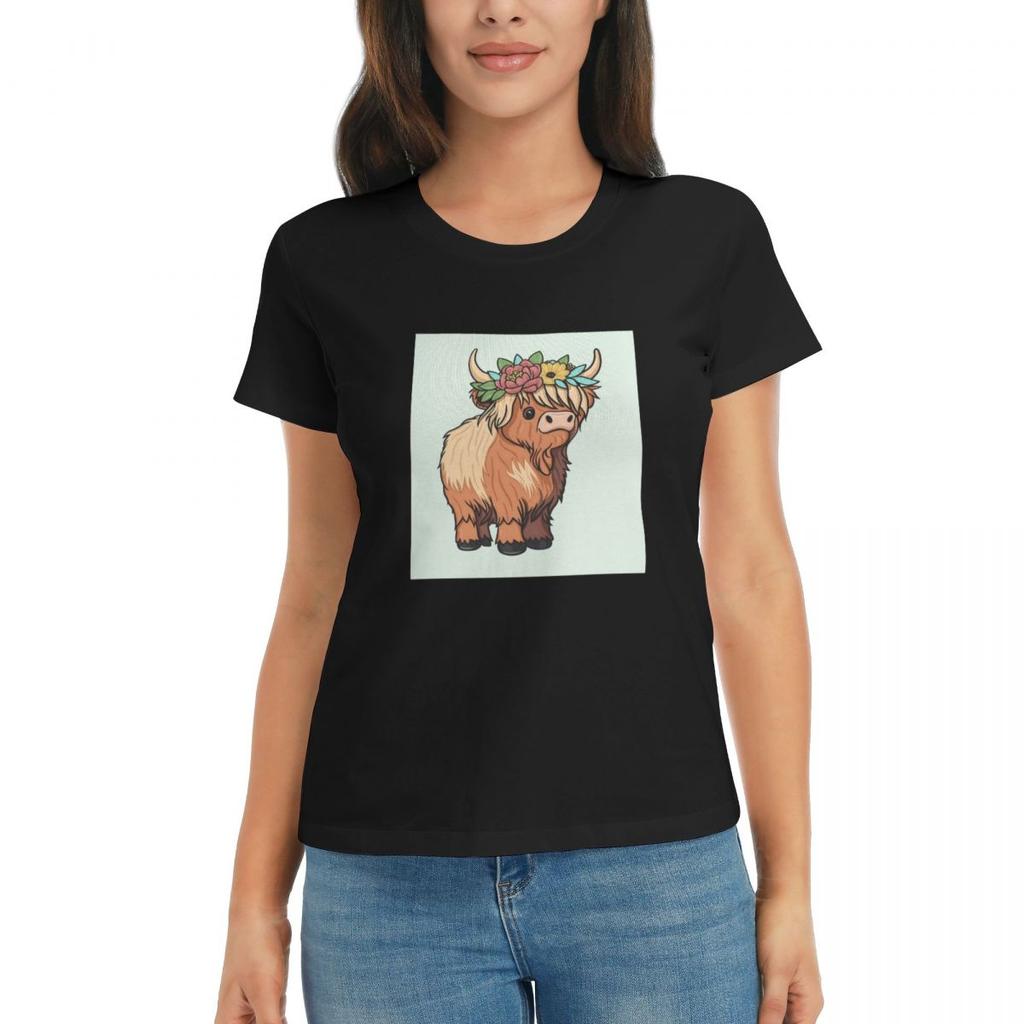 Women TShirt Highland Cow Animal Summer Short Sleeve Tees Crew Neck Cotton T Shirts Clothes Tops Streetwear