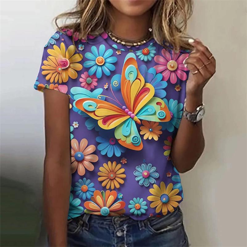 Butterfly Pattern T-Shirt For Women Insect 3D Printed T Shirts Summer Fashion Casual Oversized Tees Short Sleeves Round Neck Top